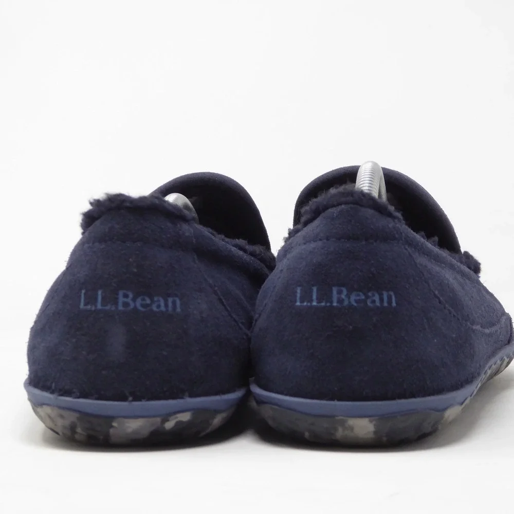 LL Bean Mens Mountain Slippers Navy Suede Fleece Lined Moccasins Size 12